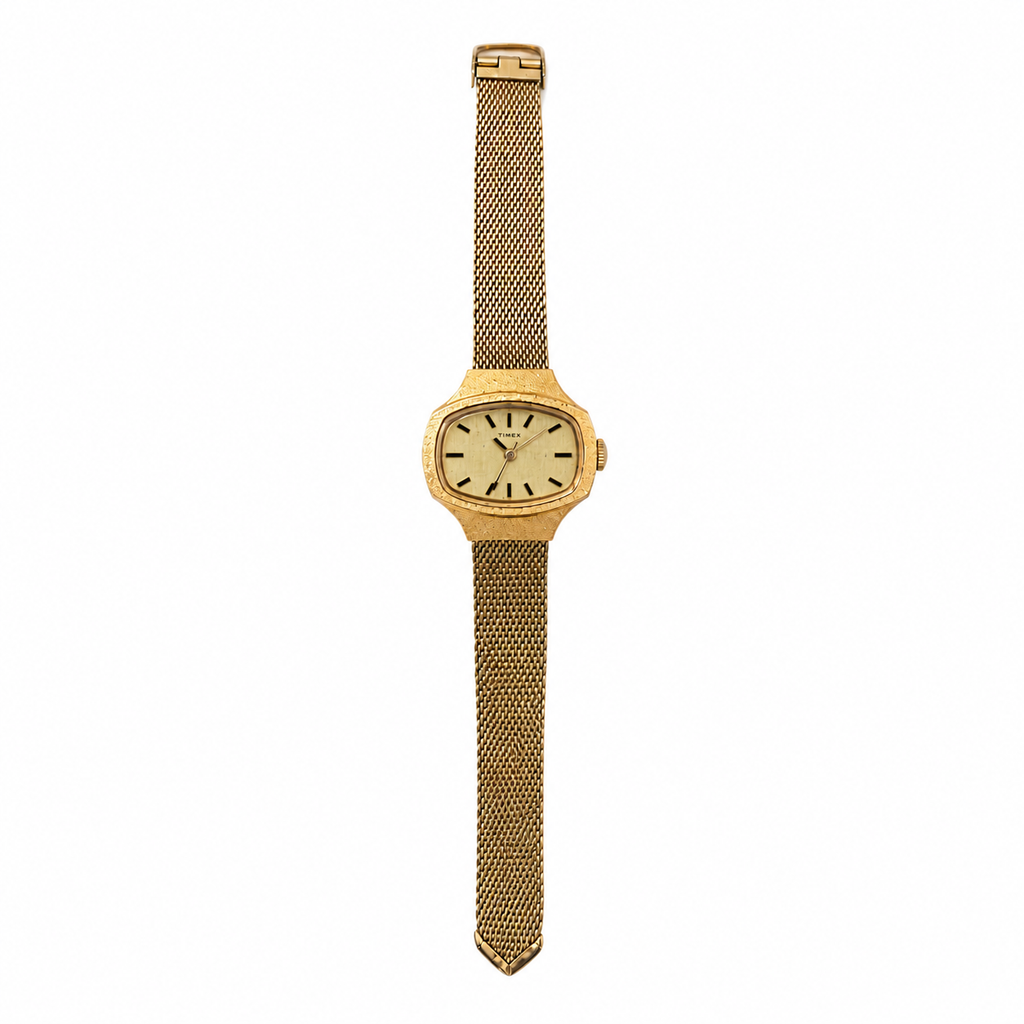 Vintage Timex Gold-Tone Rectangular Watch with Mesh Bracelet