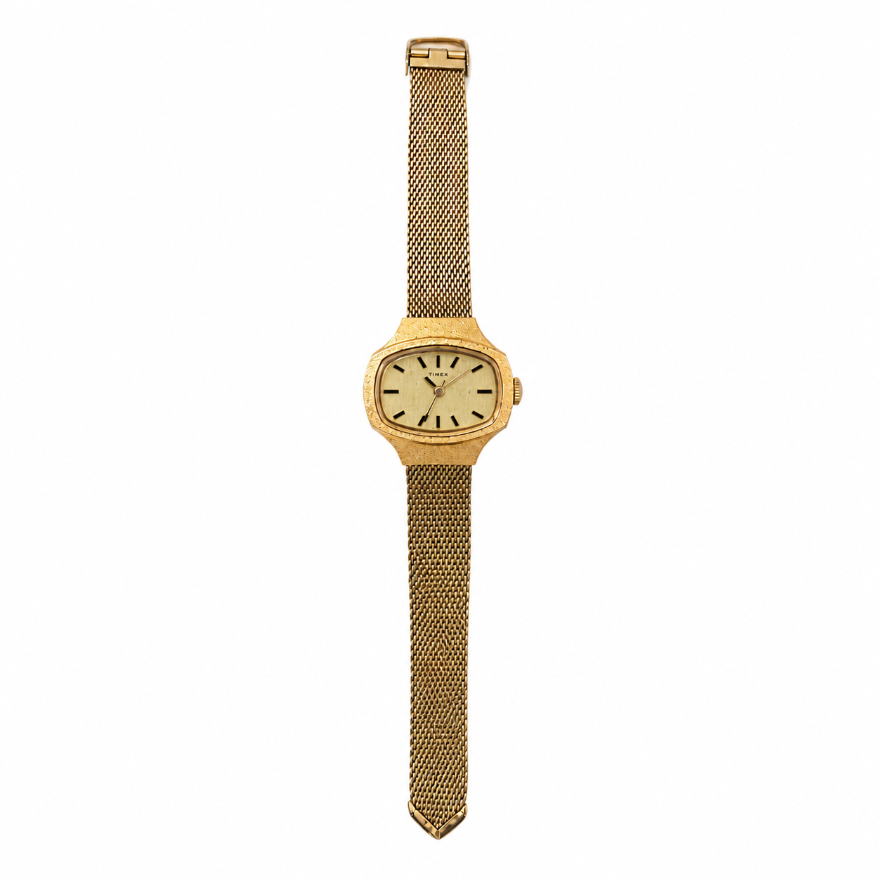 Vintage Timex Gold-Tone Rectangular Watch with Mesh Bracelet