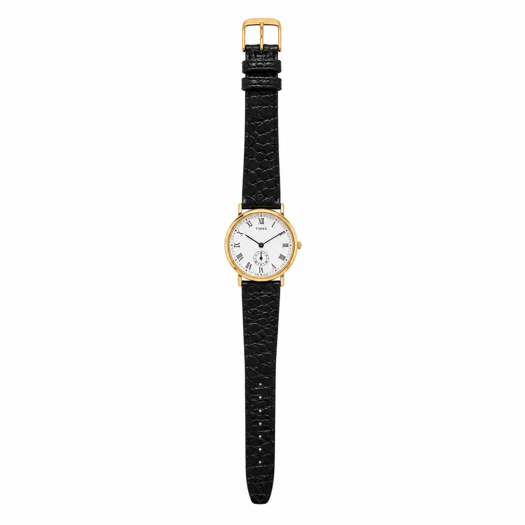 Vintage Timex Gold-Tone Roman Numeral Watch with Black Textured Strap