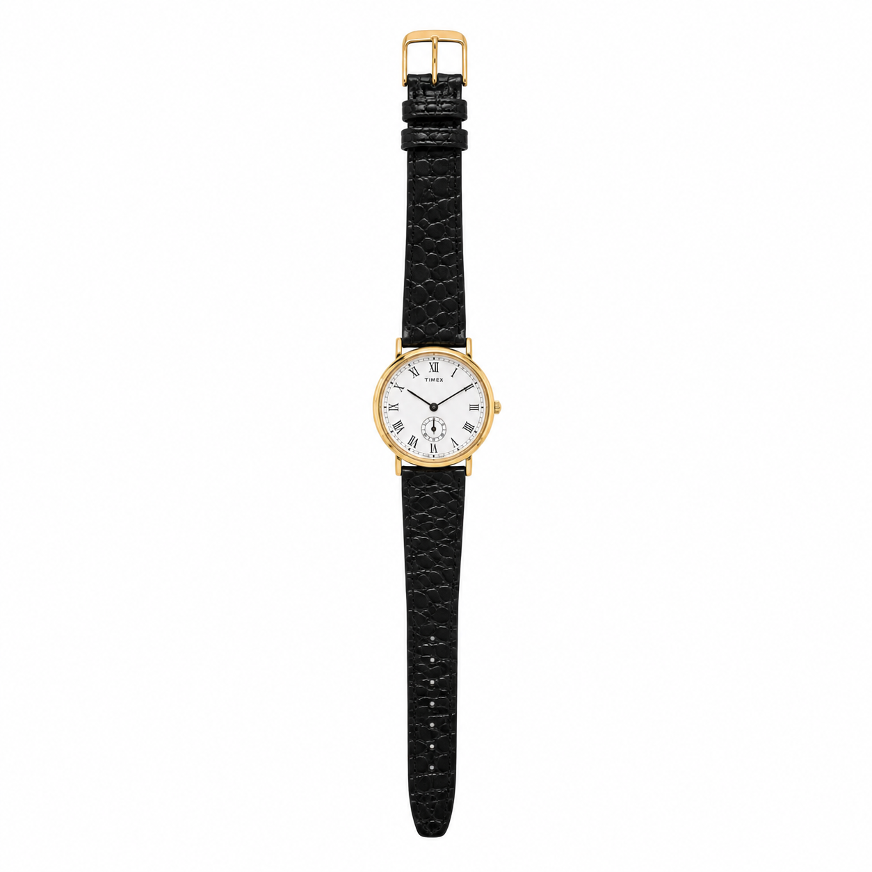 Vintage Timex Gold-Tone Roman Numeral Watch with Black Textured Strap