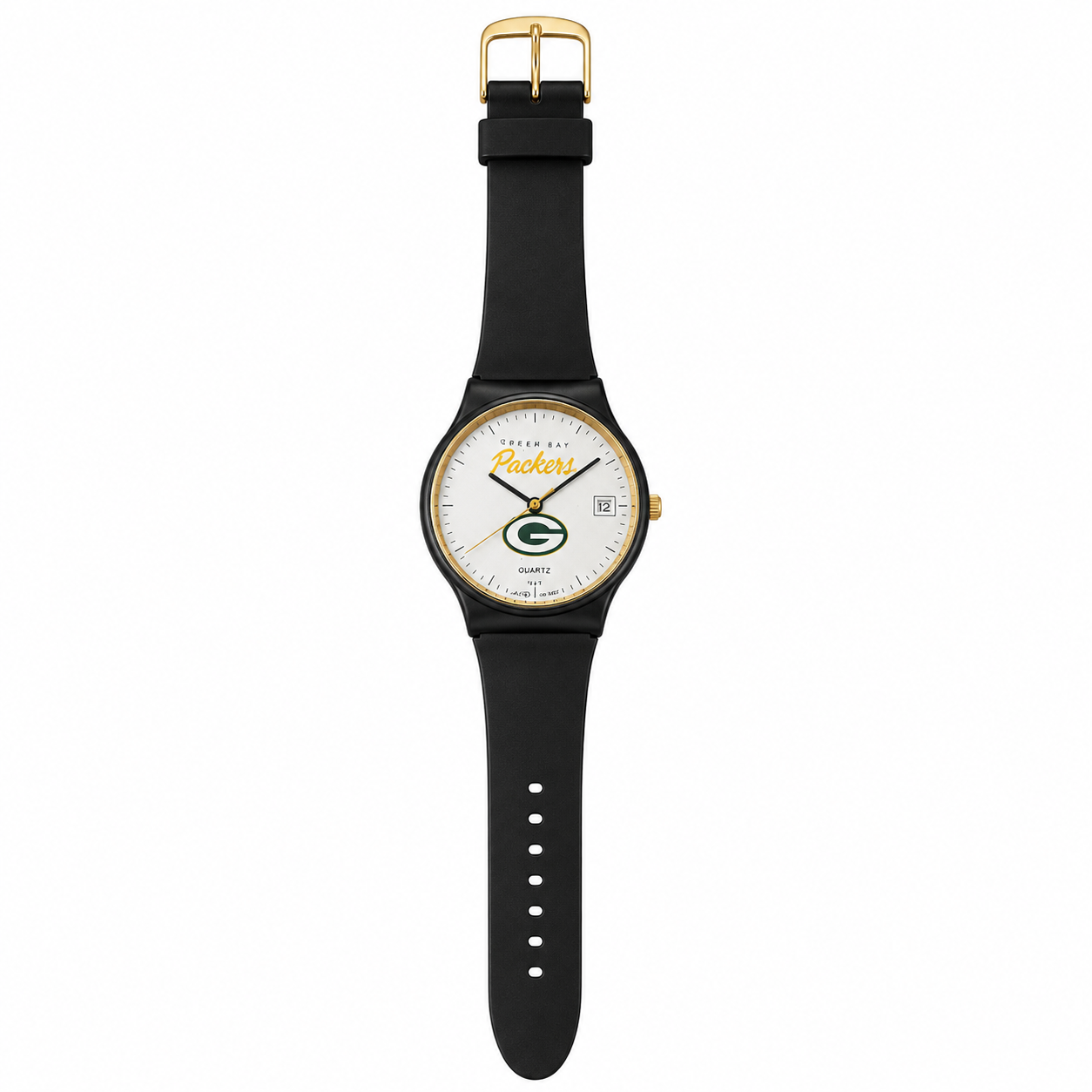 Green Bay Packers Quartz Analog Watch White Dial Black Strap - Requires a Battery