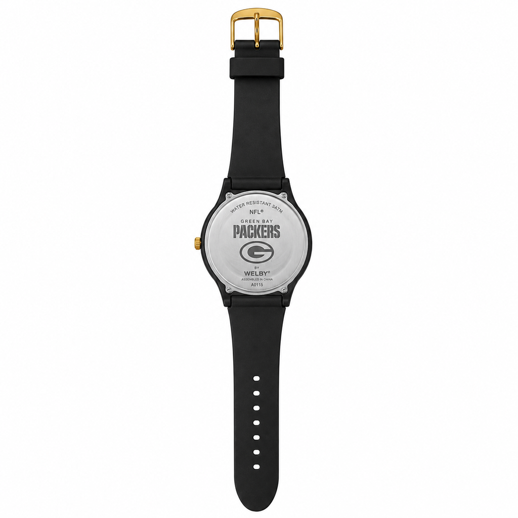 Green Bay Packers Quartz Analog Watch White Dial Black Strap - Requires a Battery