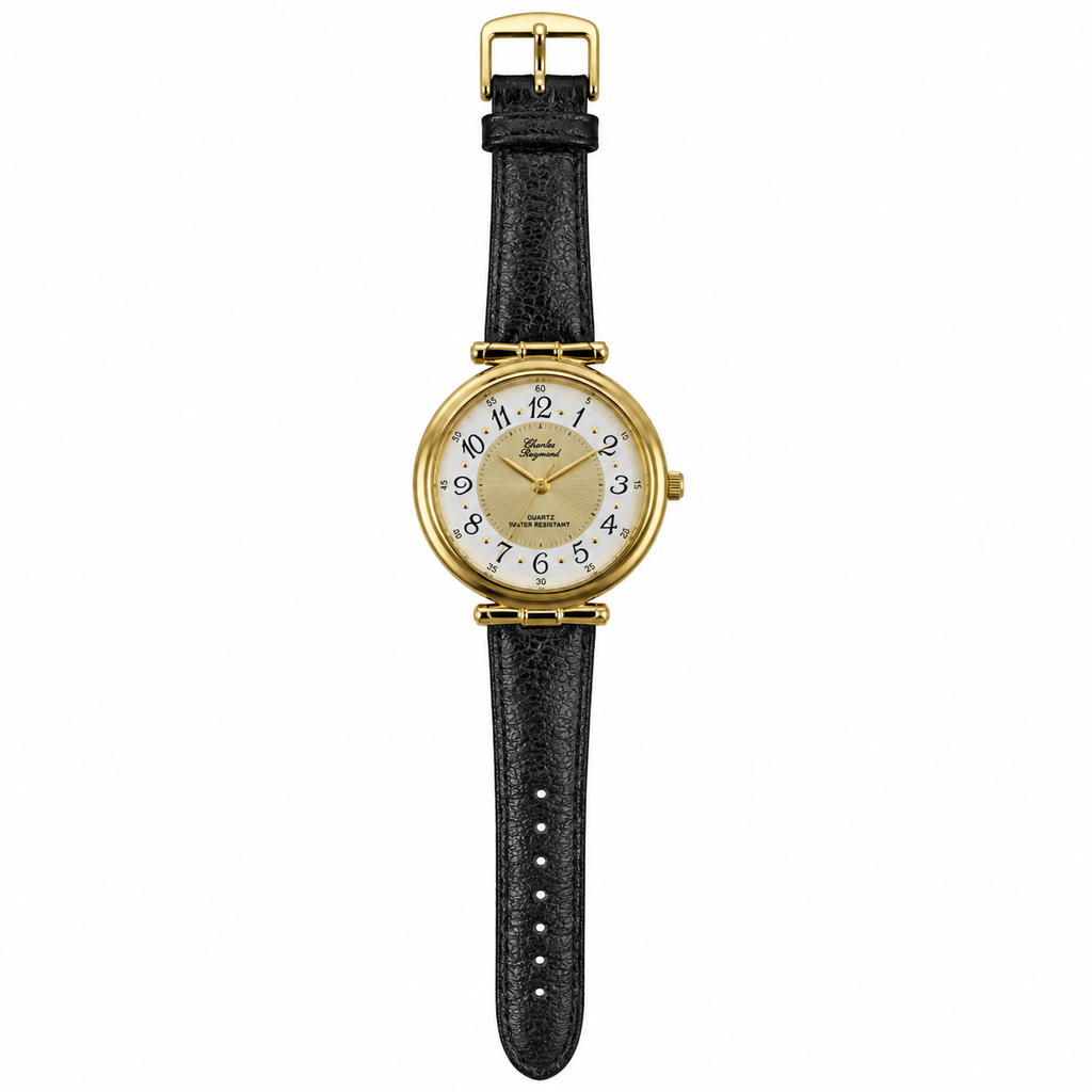 Charles Raymond Quartz Analog Gold Tone Watch Black Strap - Requires a Battery