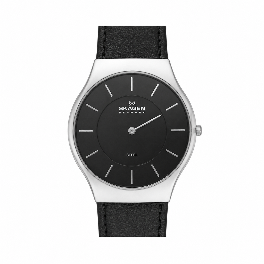 Skagen Denmark Steel Black Dial Leather Quartz Watch - Requires a Battery