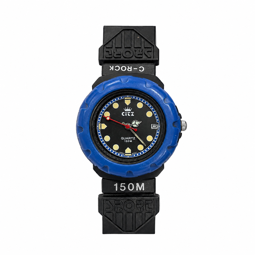 Citz C-Rock 150M Diver-Style Quartz Watch Blue Bezel - Requires a Battery