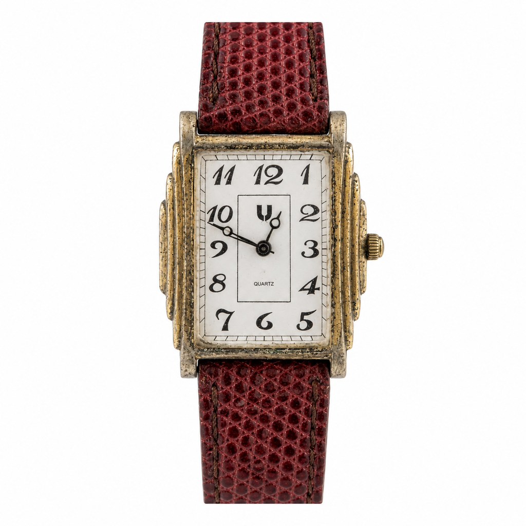 Rectangular Art Deco Style Quartz Watch Brown Strap - Requires a Battery