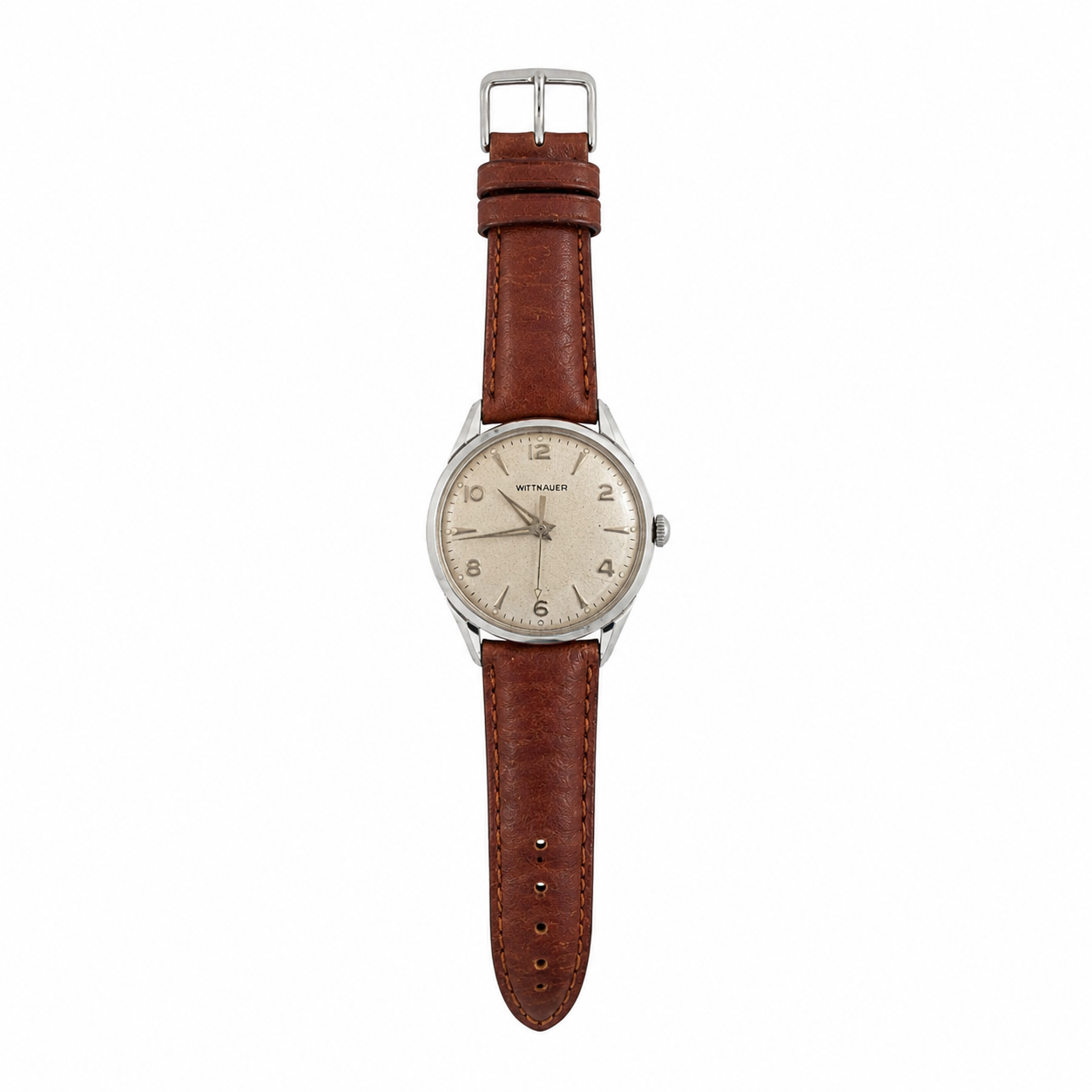 Vintage Wittnauer Silver Dial Mechanical Dress Watch Brown Leather Strap - Requires Winding