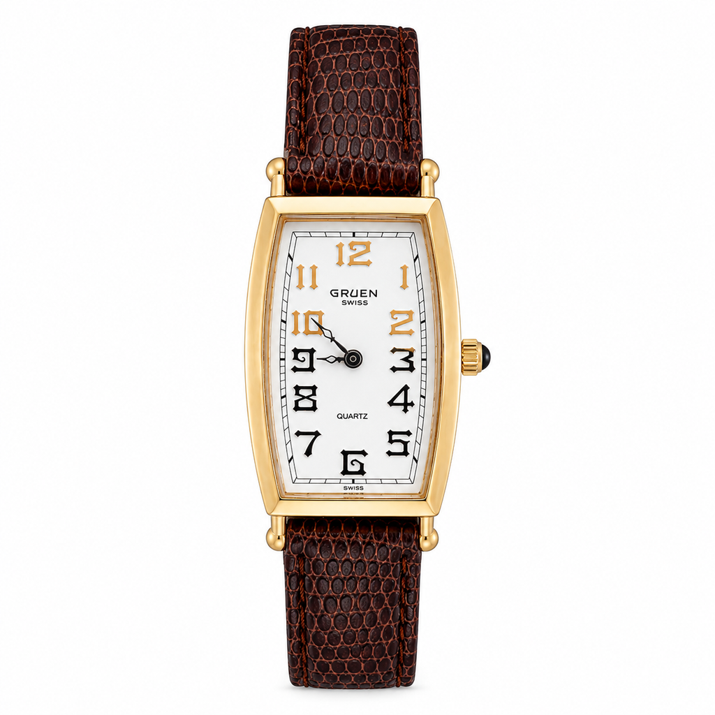 Gruen Swiss Gold-Tone Tank Quartz Watch Brown Leather Strap - Requires a Battery