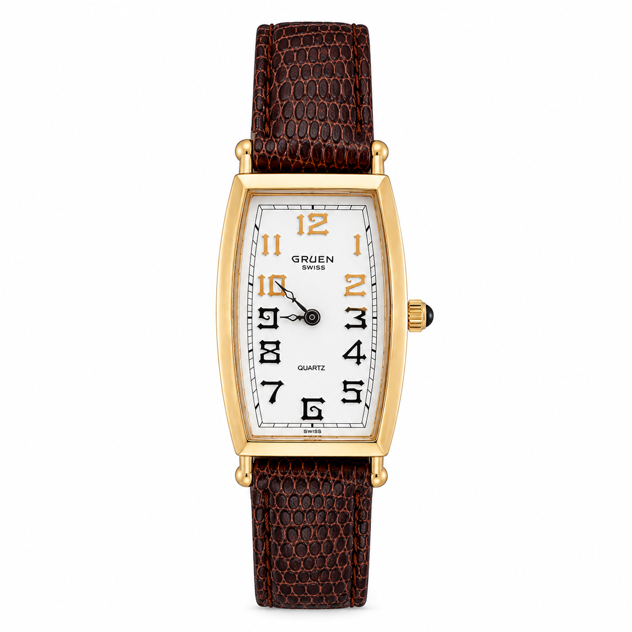 Gruen Swiss Gold-Tone Tank Quartz Watch Brown Leather Strap - Requires a Battery