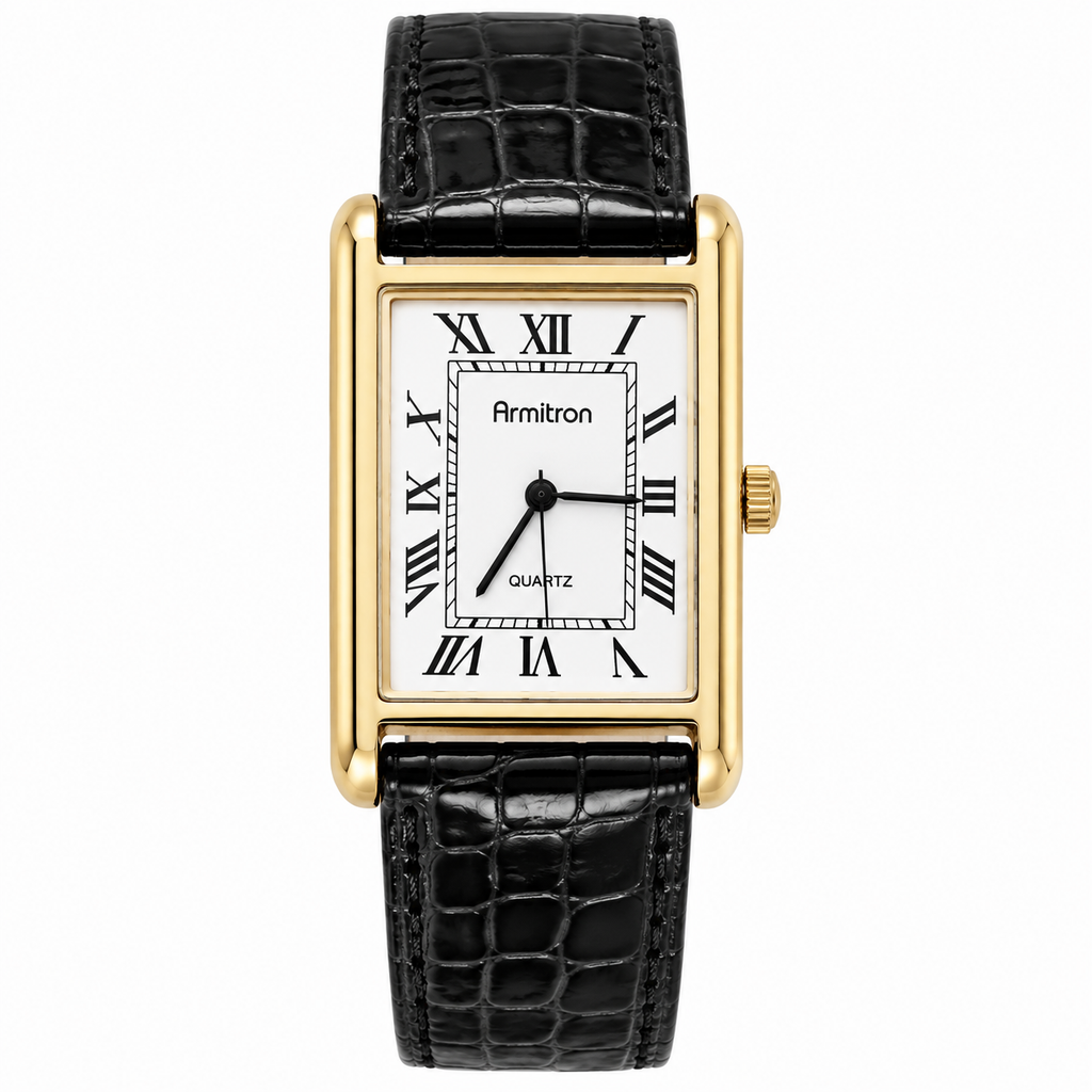 Armitron Gold-Tone Tank Roman Numeral Quartz Watch Black Strap - Requires a Battery