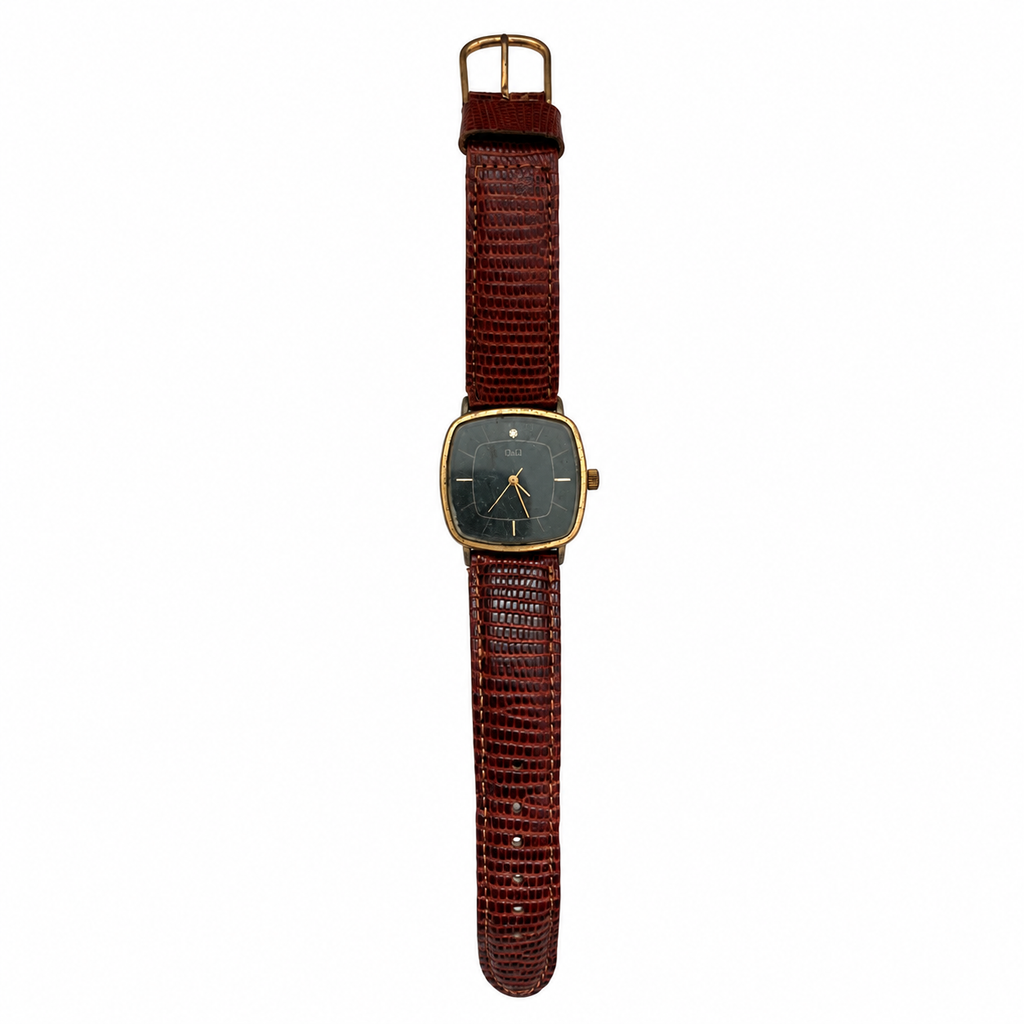 Vintage Q&Q Square Black Dial Gold-Tone Quartz Watch - Requires a Battery