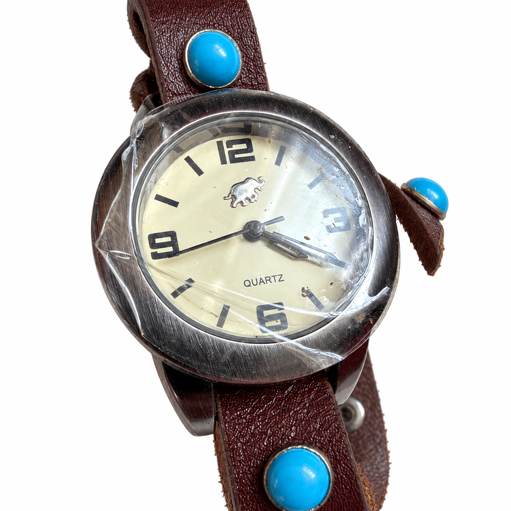 Vintage Buffalo Motif Turquoise Stud Wrap Watch - Requires a Battery