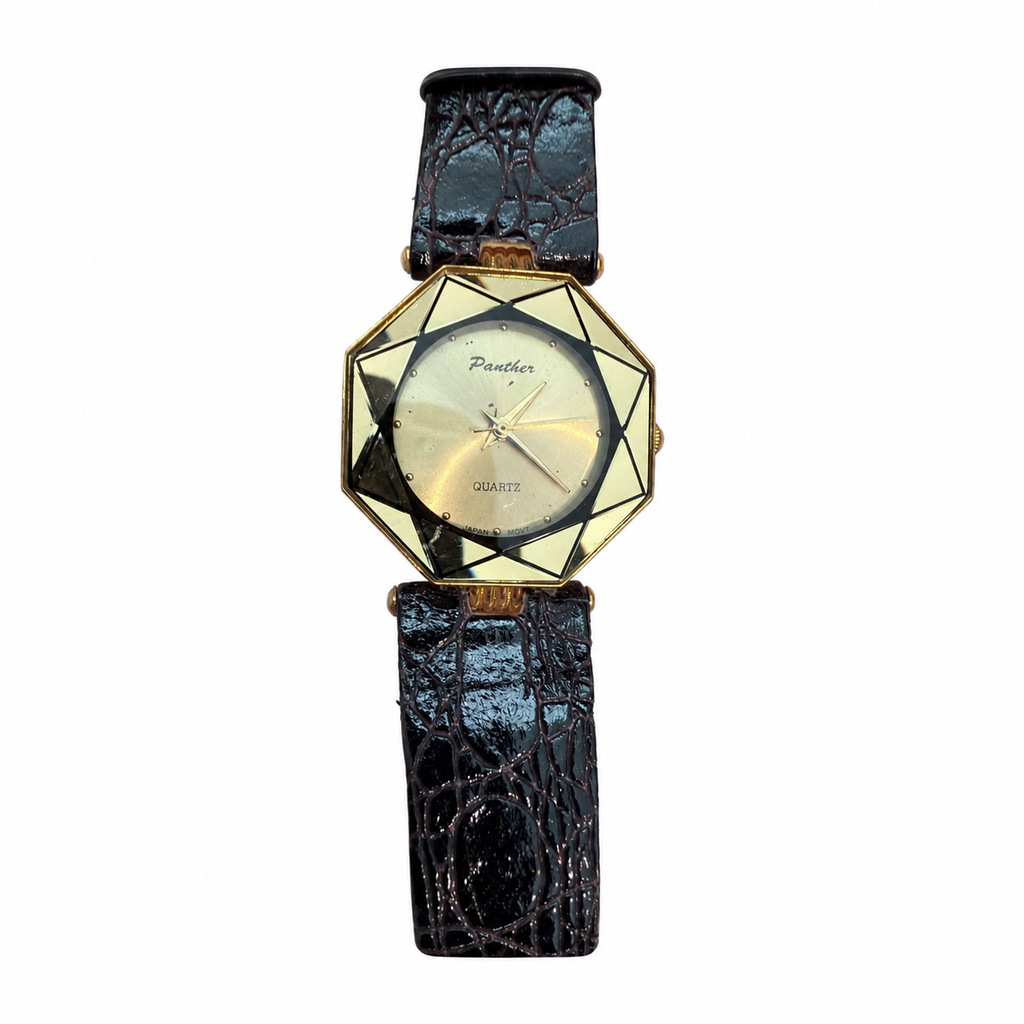 Vintage Panther Geometric Gold-Tone Quartz Cocktail Watch - Requires a Battery