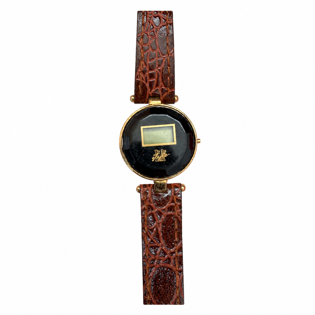 Vintage Round Black Dial LCD Digital Leather Watch - Requires a Battery