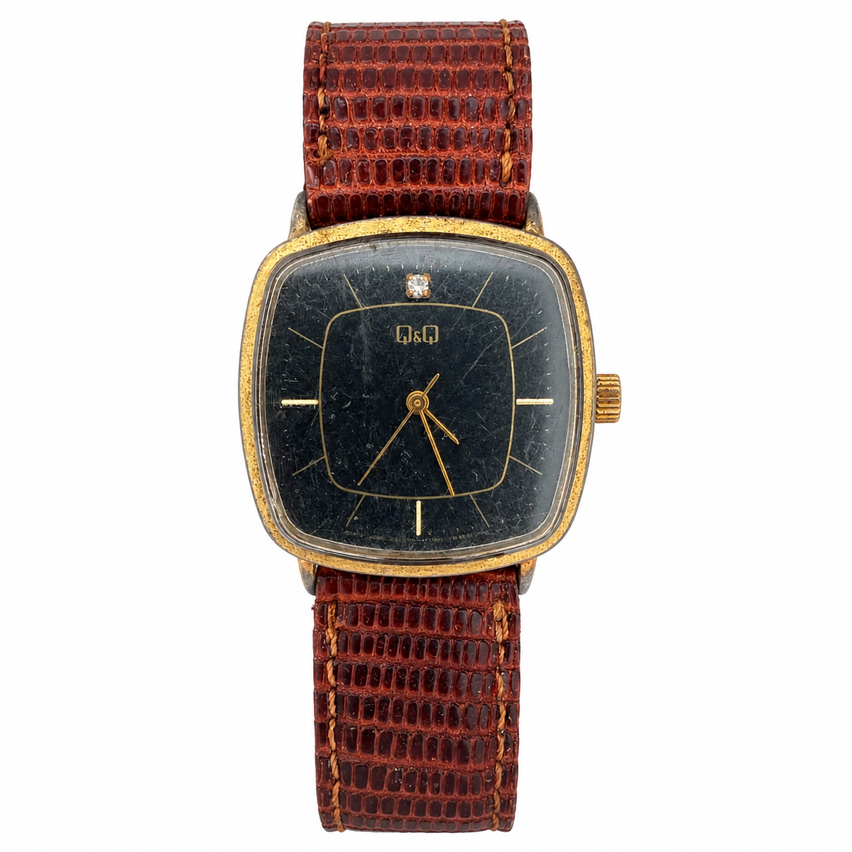 Vintage Q&Q Square Black Dial Gold-Tone Quartz Watch - Requires a Battery