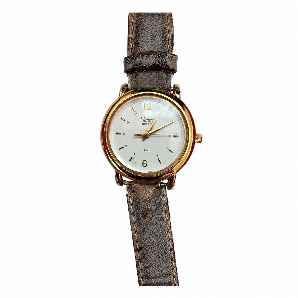 Vintage Timex Quartz White Dial Gold-Tone Leather Watch - Requires a Battery