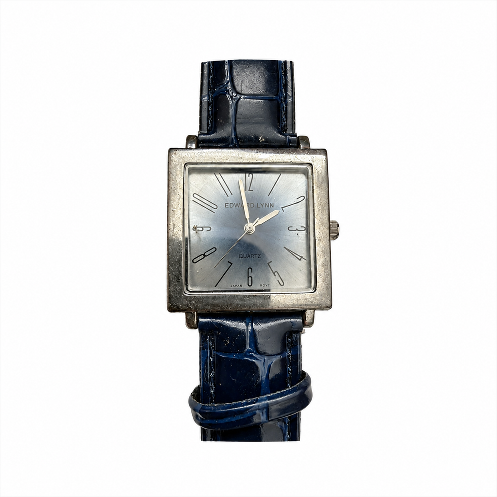 Vintage Edward Lynn Square Silver Dial Blue Leather Watch - Requires a Battery