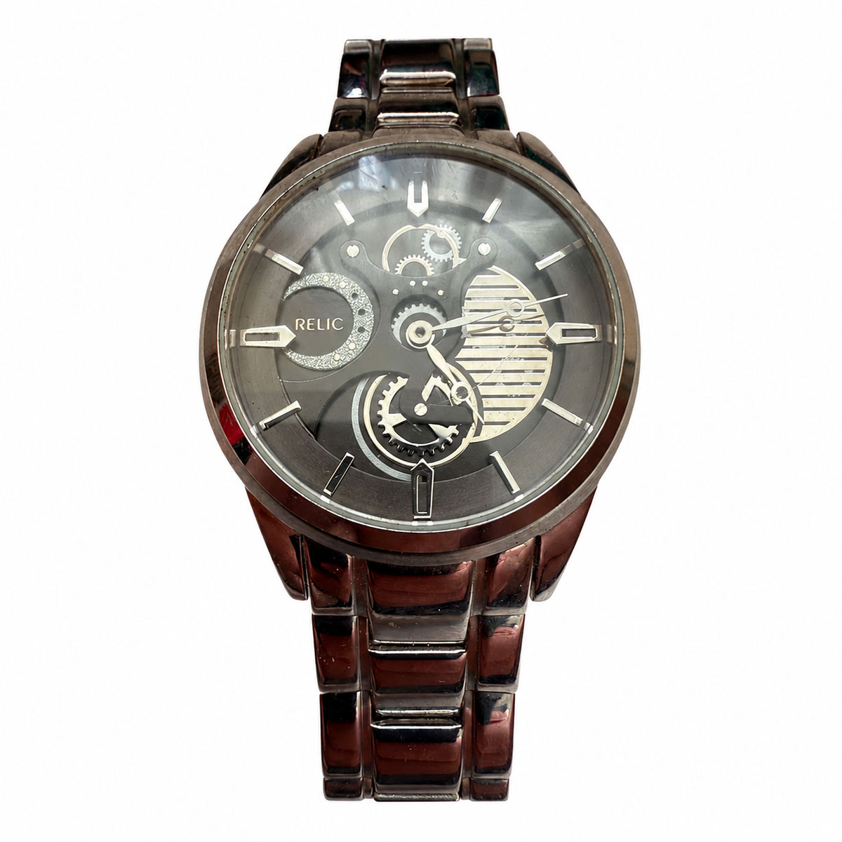 Vintage Relic Skeleton Gear Dial Silver-Tone Watch - Requires a Battery