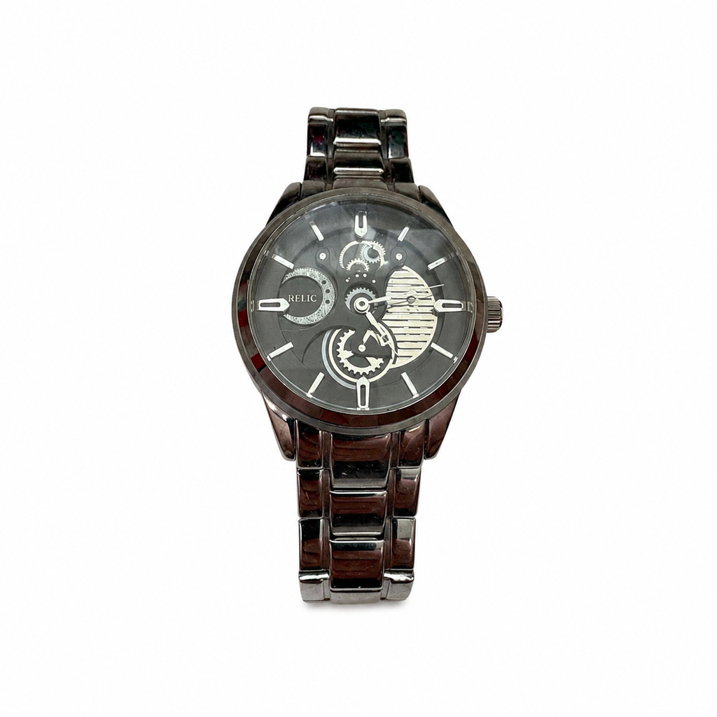 Vintage Relic Skeleton Gear Dial Silver-Tone Watch - Requires a Battery