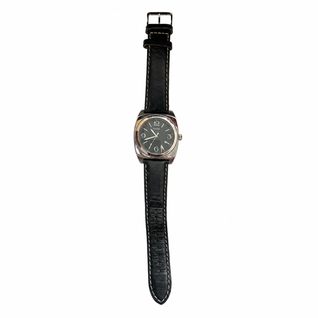 Vintage Pulsar Gray Dial Date Black Leather Watch - Requires a Battery