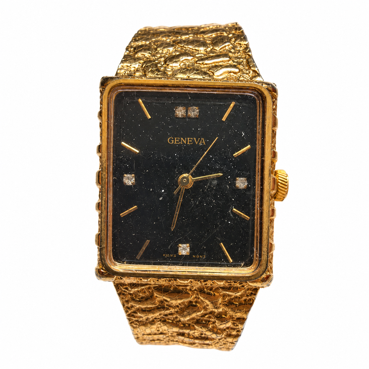Vintage Geneva Black Dial Crystal-Marker Rectangular Watch - Requires a Battery