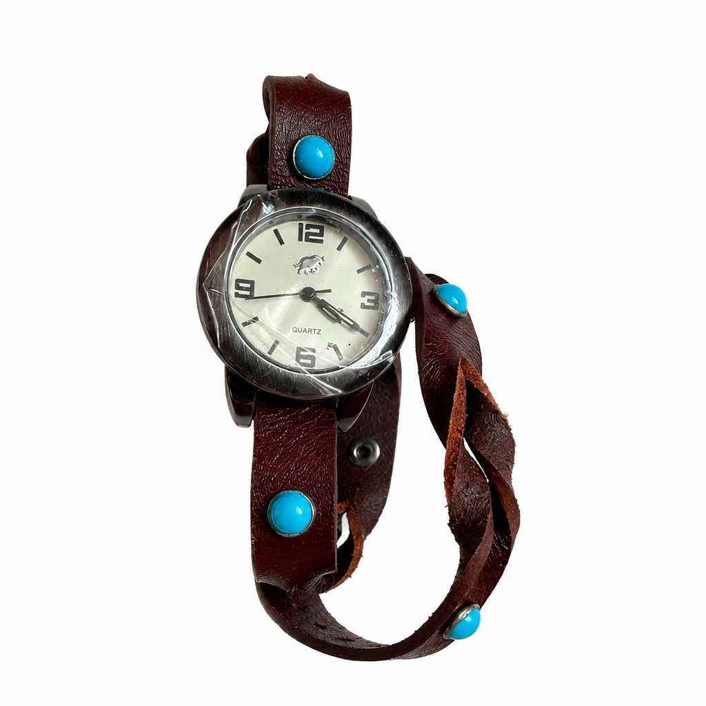 Vintage Buffalo Motif Turquoise Stud Wrap Watch - Requires a Battery
