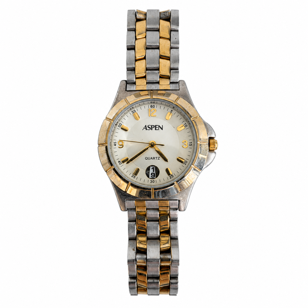 Vintage Aspen Two-Tone White Dial Quartz Date Watch - Requires a Battery