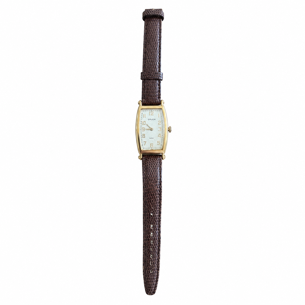Vintage Gruen Swiss Gold-Tone Tank Quartz Watch Brown Leather Strap - Requires a Battery