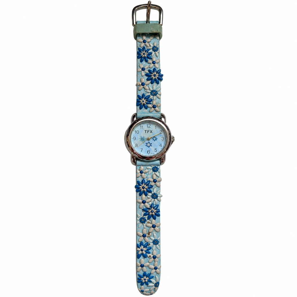 Vintage-Style TFX Blue Floral Quartz Watch - Requires a Battery