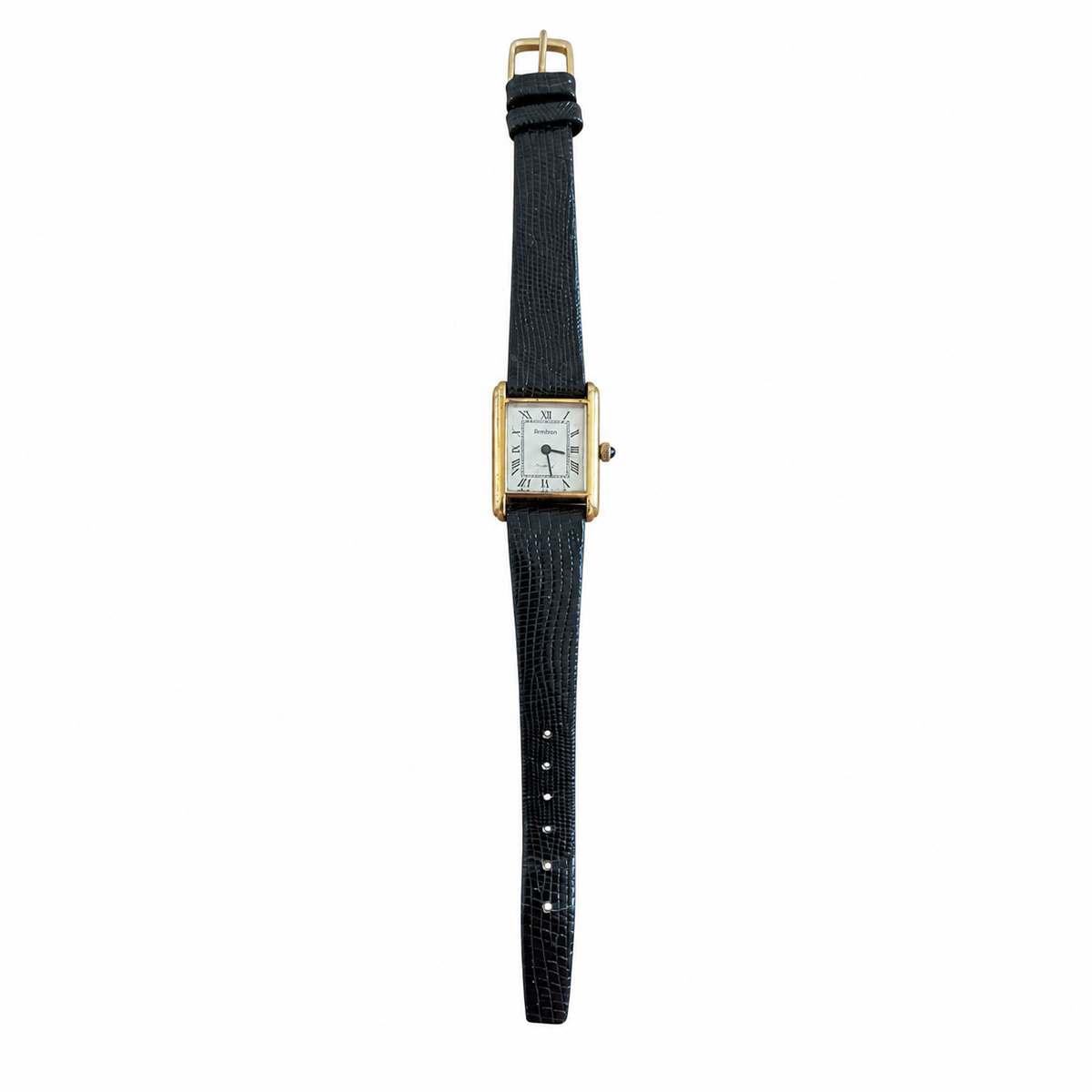 Vintage Armitron Gold-Tone Tank Roman Numeral Quartz Watch Black Strap - Requires a Battery