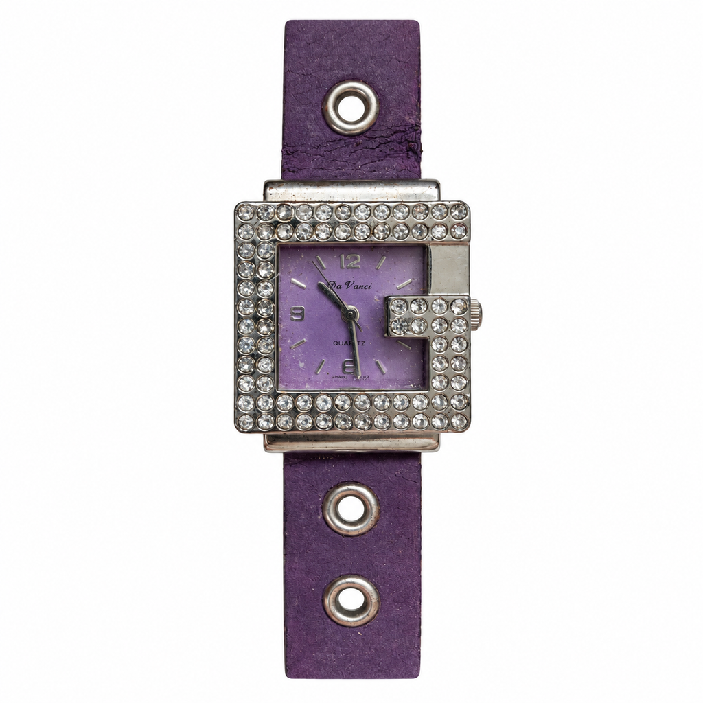 Vintage Da Vinci Rhinestone Purple Quartz Cuff Watch - Requires a Battery