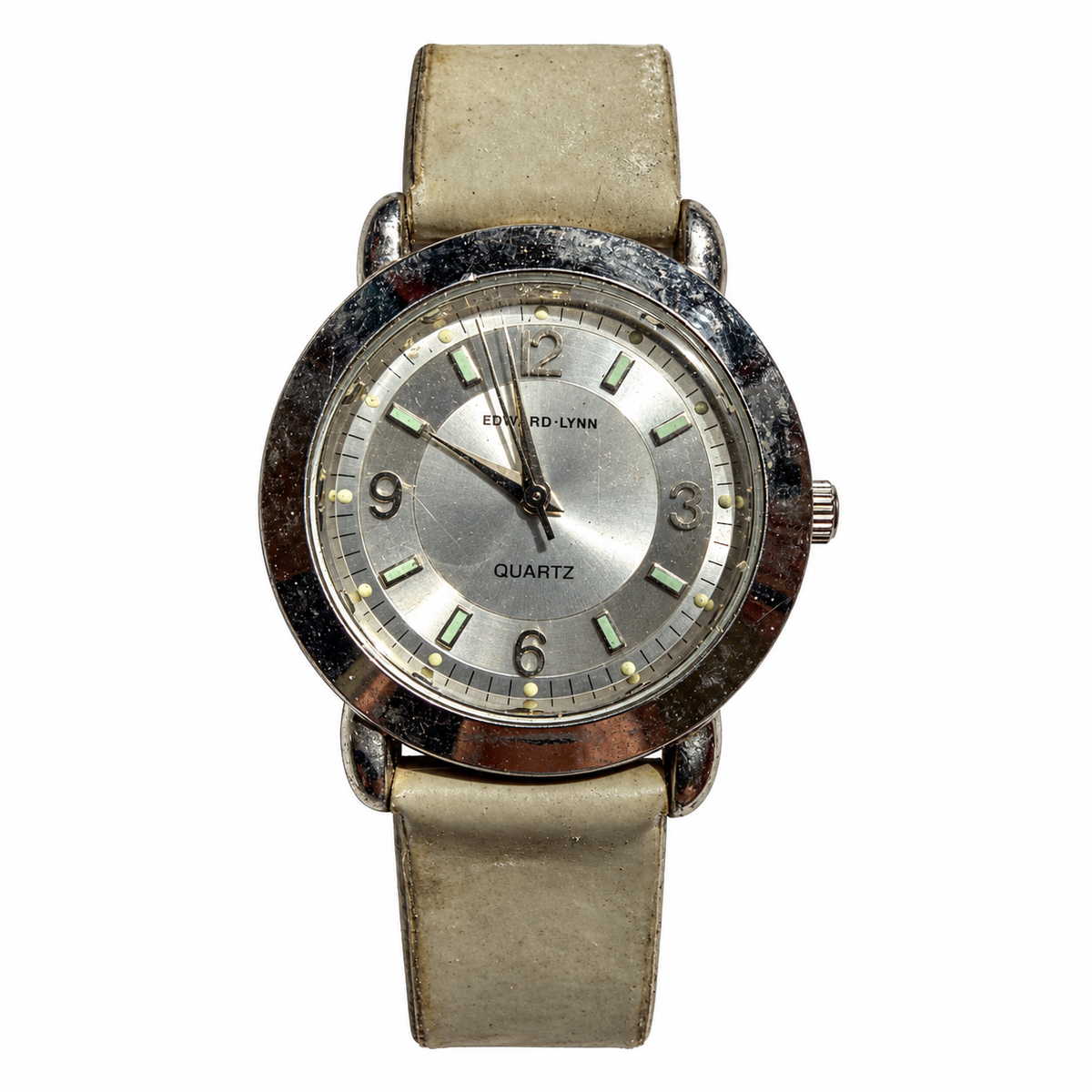 Vintage Edward Lynn Silver Dial Quartz Watch with Beige Strap - Requires a Battery