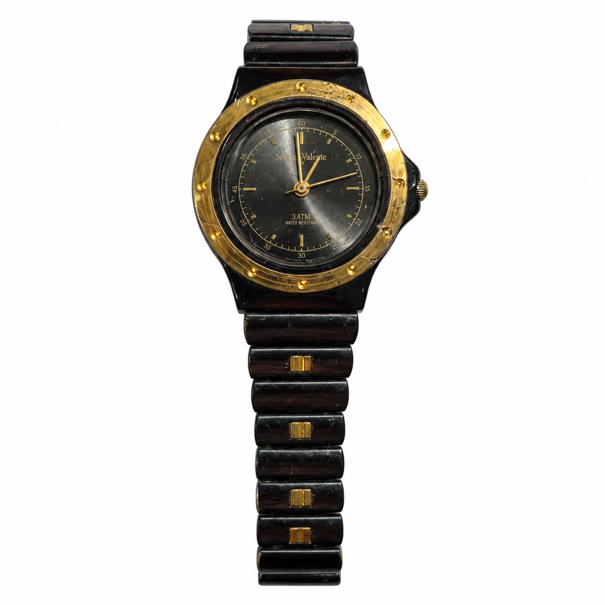 Vintage Sergio Valente Black and Gold Quartz Bracelet Watch - Requires a Battery