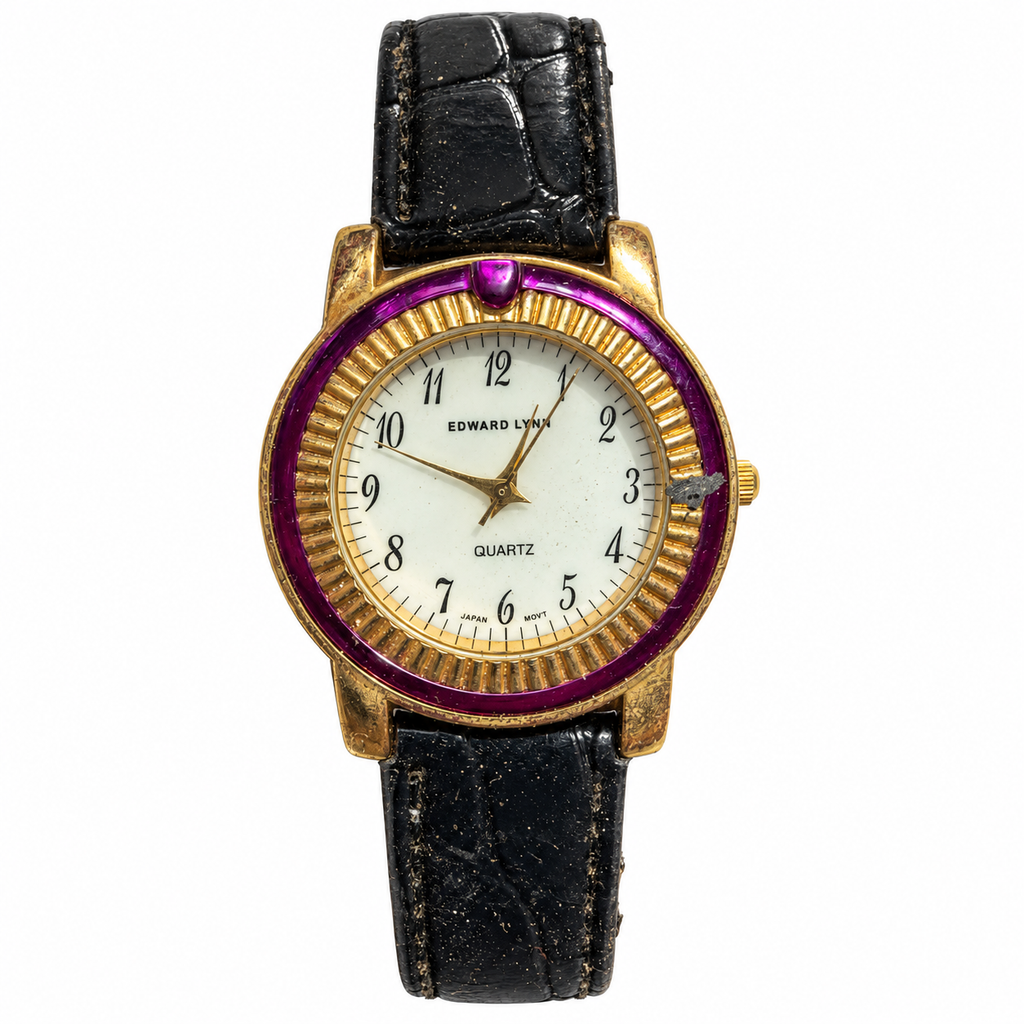 Vintage Edward Lynn Purple Bezel Gold-Tone Quartz Watch - Requires a Battery
