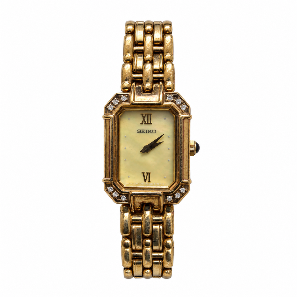 Vintage Seiko Crystal-Accent Rectangular Gold-Tone Quartz Watch - Requires a Battery