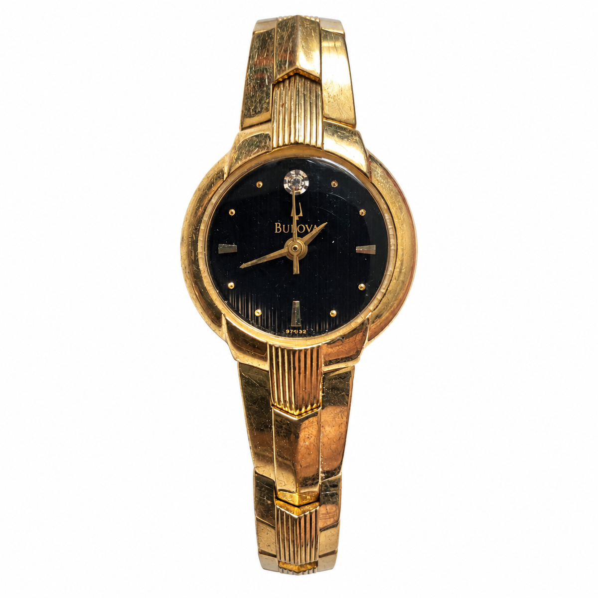 Vintage Bulova Black Dial Crystal Accent Gold-Tone Quartz Watch - Requires a Battery