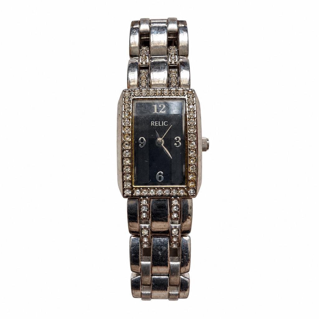 Vintage Relic Crystal Bezel Black Dial Quartz Bracelet Watch - Requires a Battery