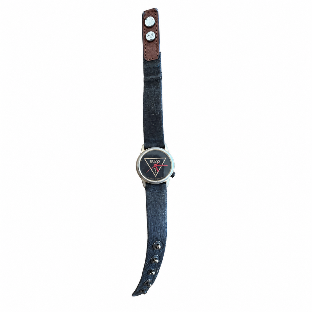 Vintage GUESS Triangle Logo Quartz Watch - Black Leather - Battery Required