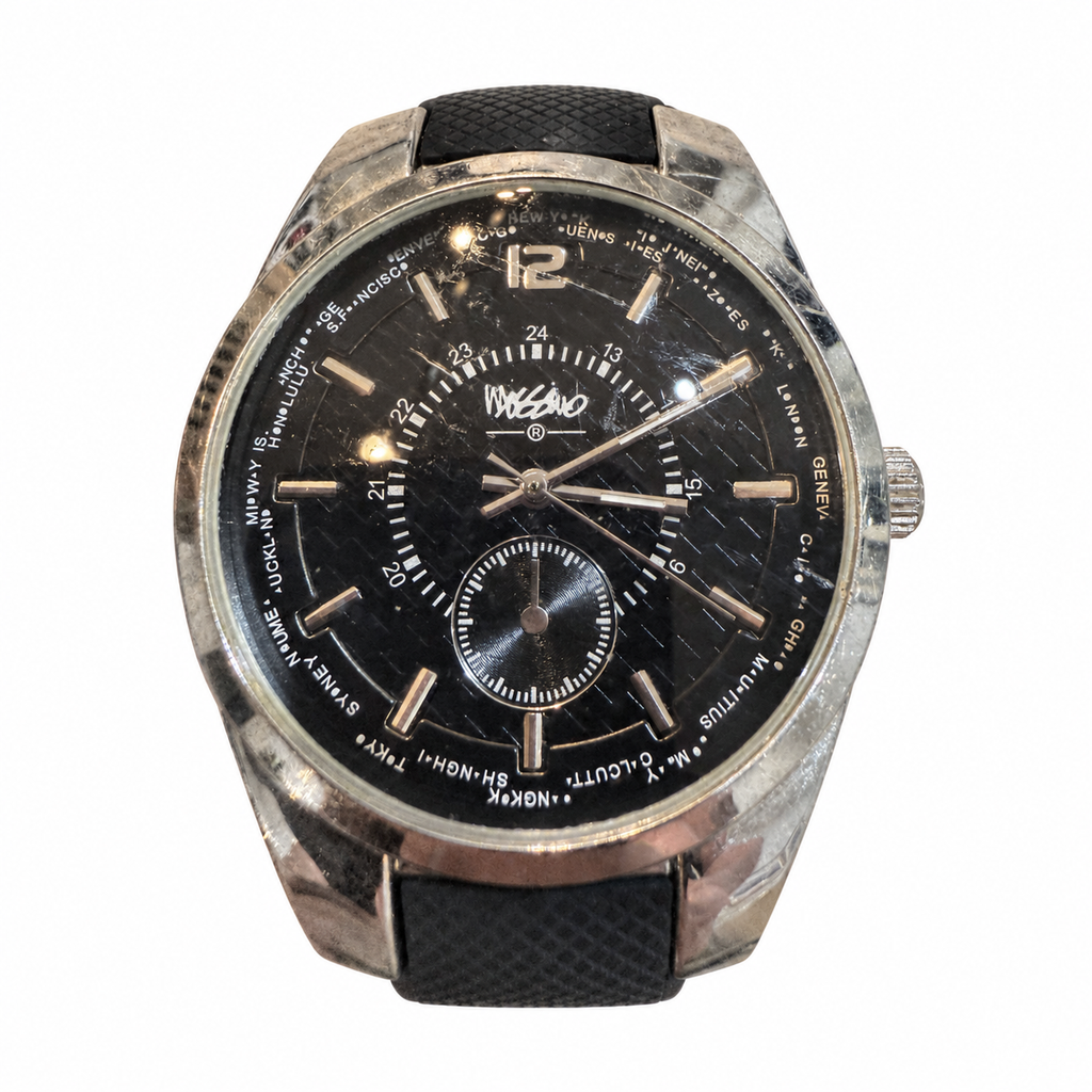 Vintage Mossimo World Time-Style Black Dial Quartz Watch with Black Strap - Requires a Battery