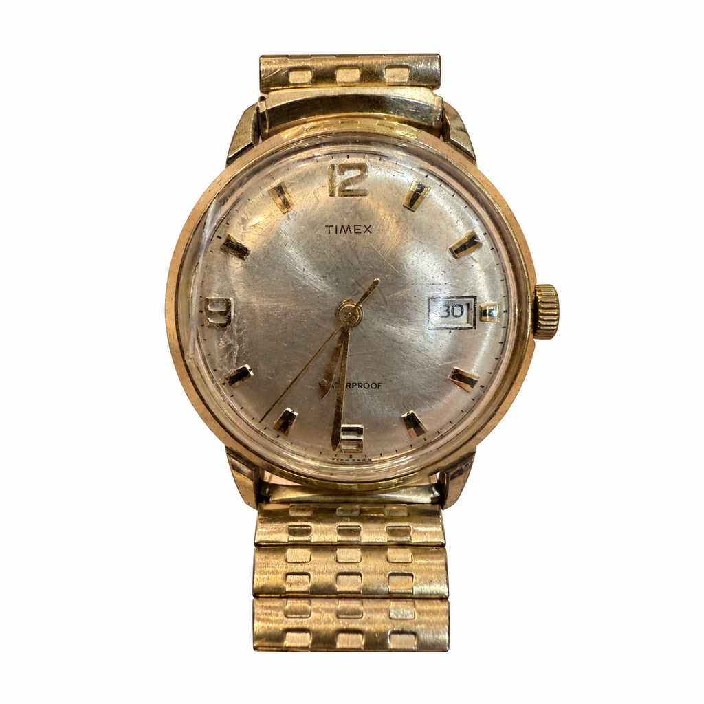 Vintage Timex Waterproof Gold-Tone Date Mechanical Watch - Requires Winding