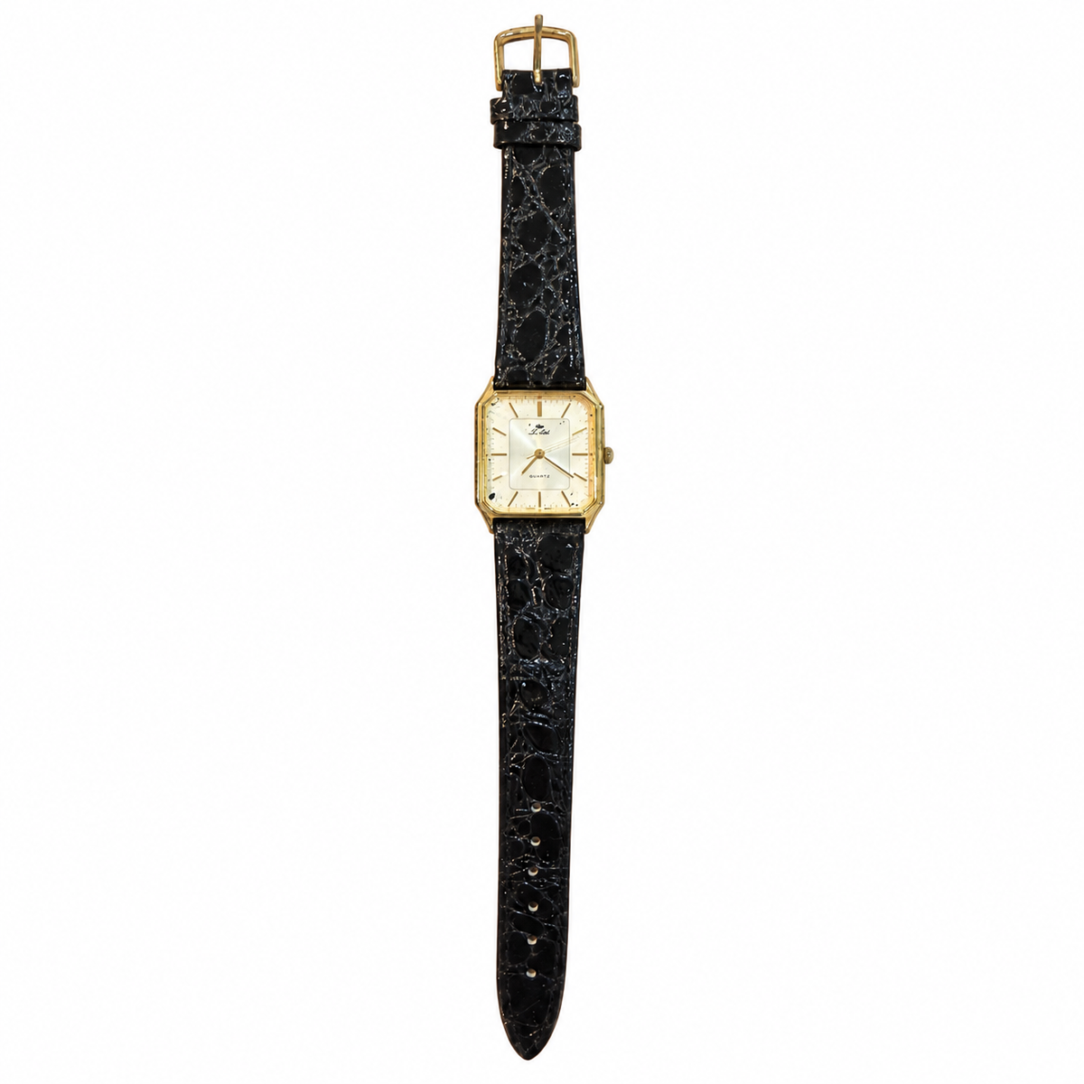 Vintage Le Sand Rectangular Gold-Tone Japan Quartz Dress Watch with Black Leather Strap - Requires a Battery