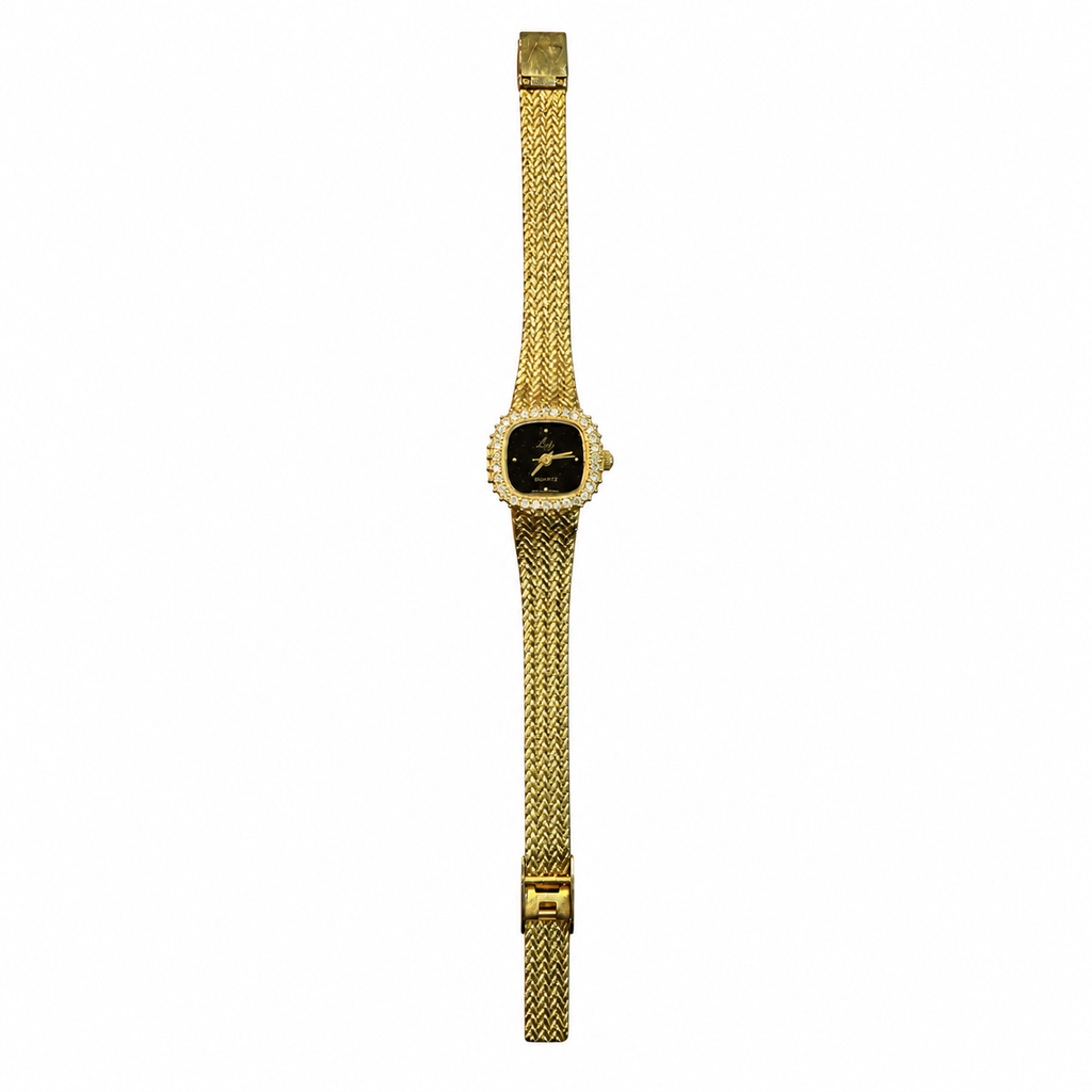 Vintage Lize Gold-Tone Crystal Bezel Black Dial Quartz Watch - Requires a Battery