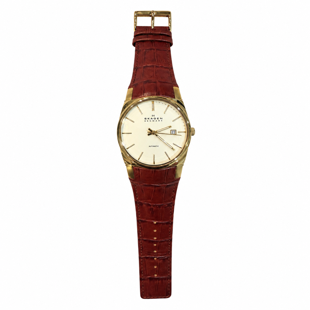 Vintage Skagen Denmark Automatic Date Watch Brown Leather Strap