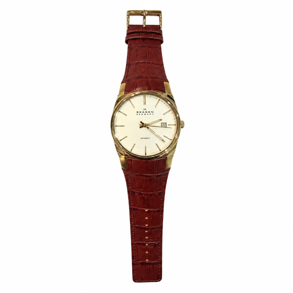 Vintage Skagen Denmark Automatic Date Watch Brown Leather Strap