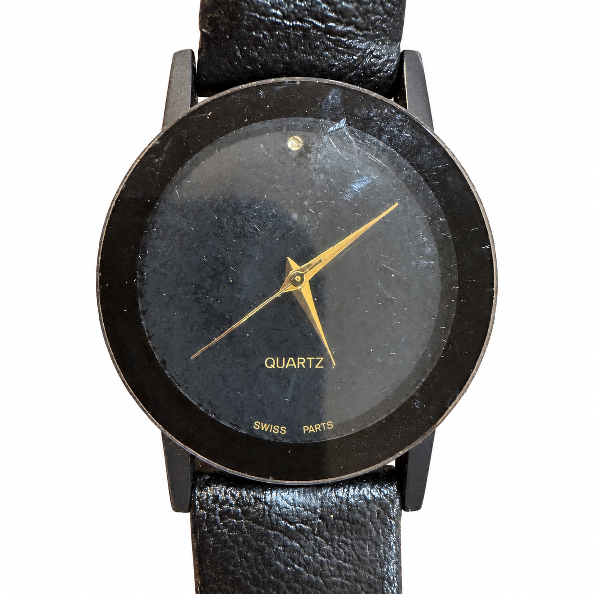 Vintage Black Minimalist Swiss Parts Quartz Watch with Black Strap - Requires a Battery