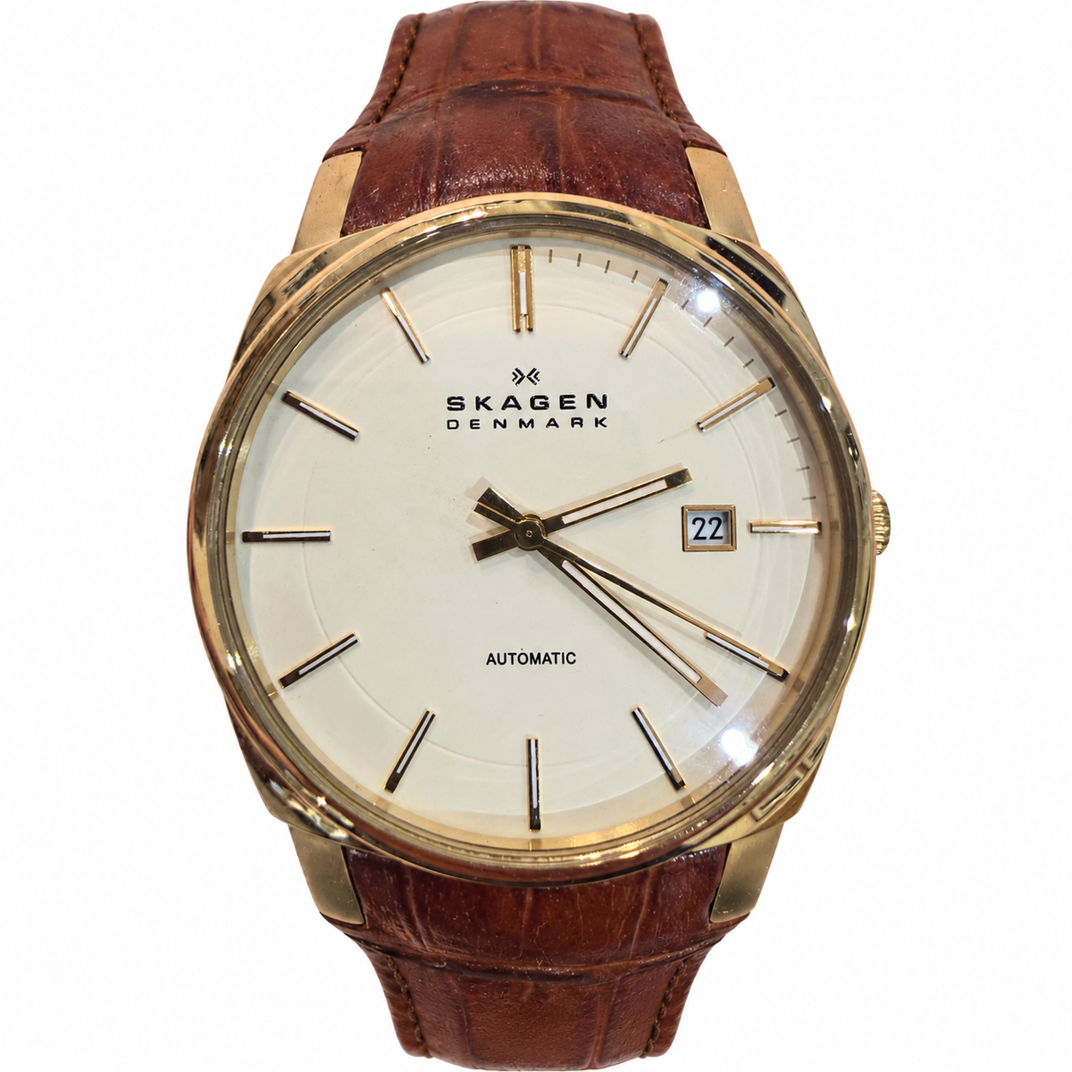 Vintage Skagen Denmark Automatic Date Watch Brown Leather Strap