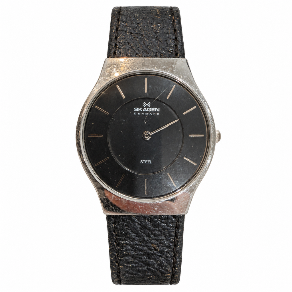 Vintage Skagen Denmark Steel Black Dial Leather Quartz Watch - Requires a Battery
