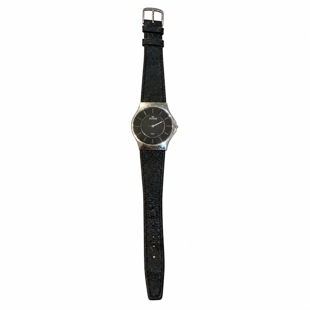 Vintage Skagen Denmark Steel Black Dial Leather Quartz Watch - Requires a Battery