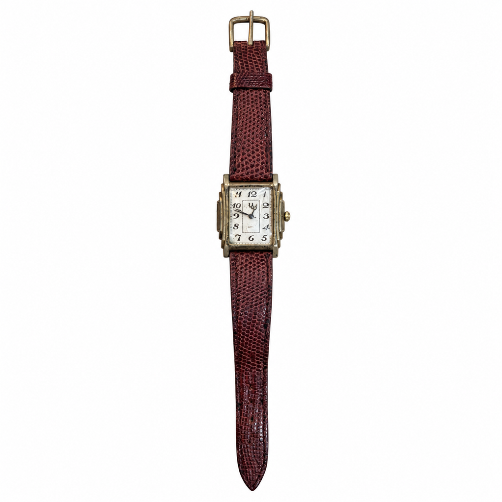 Vintage Rectangular Art Deco Style Quartz Watch Brown Strap - Requires a Battery