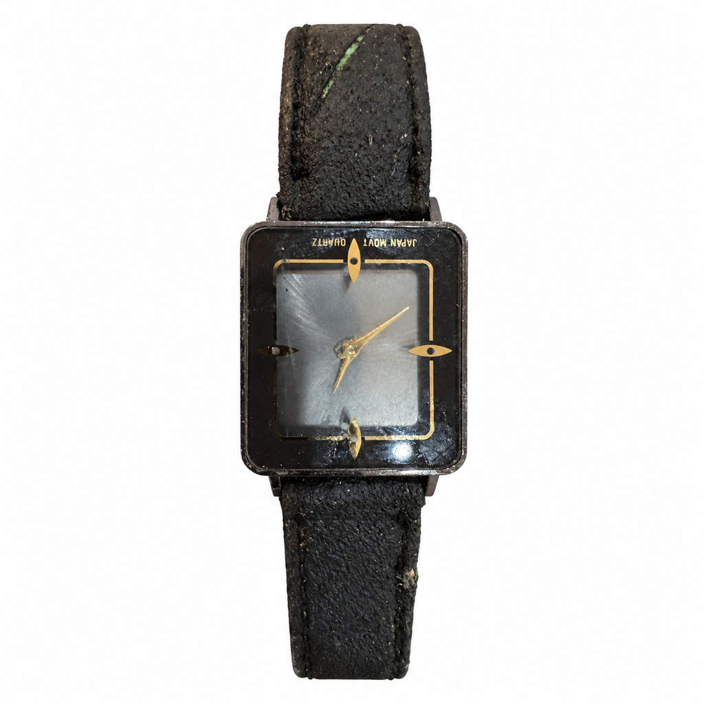 Vintage Rectangular Japan Quartz Black & Gold-Tone Dress Watch - Requires a Battery